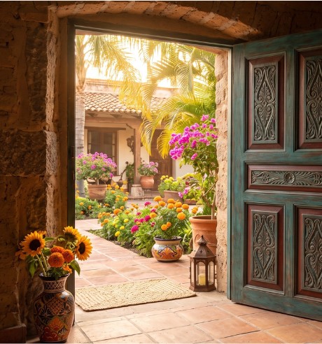 A carved door open to a sunlit courtyard, sunflowers in a talavera vase