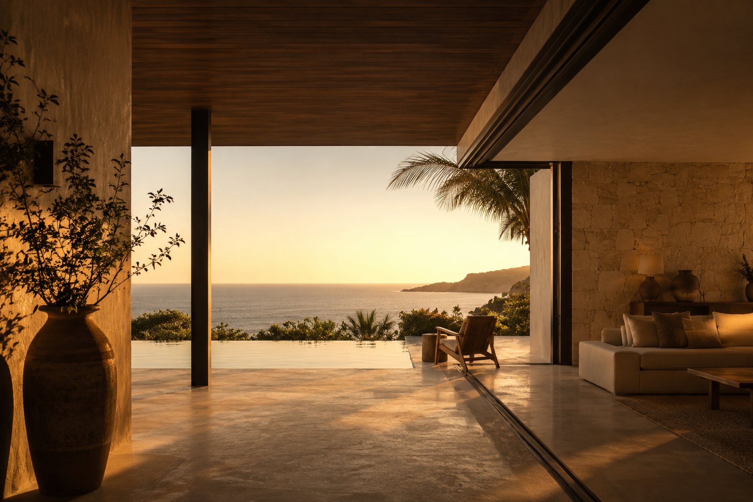 A villa living space opening onto an infinity pool and the Pacific at golden hour