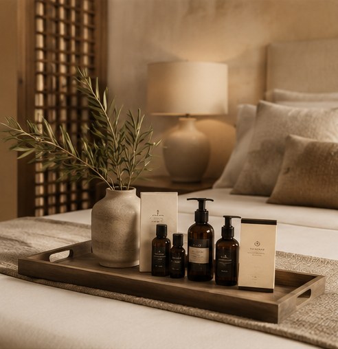 Amenities and an olive branch arranged on a wooden tray in a hotel suite
