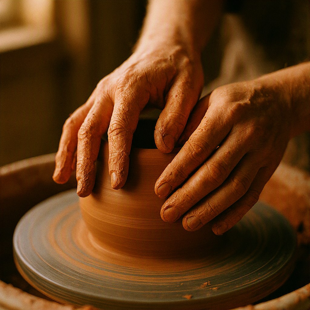 A handmade ceramic cup resting in warm afternoon light