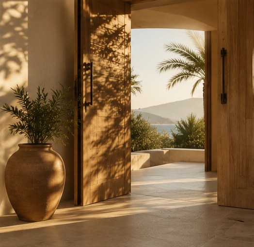 An open wooden door and clay vessel at a villa entrance, sea beyond
