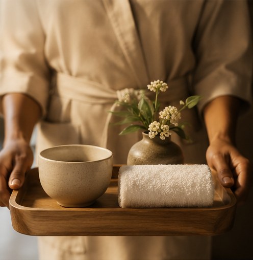 Hands presenting a welcome tray with a ceramic cup, towel, and flowers
